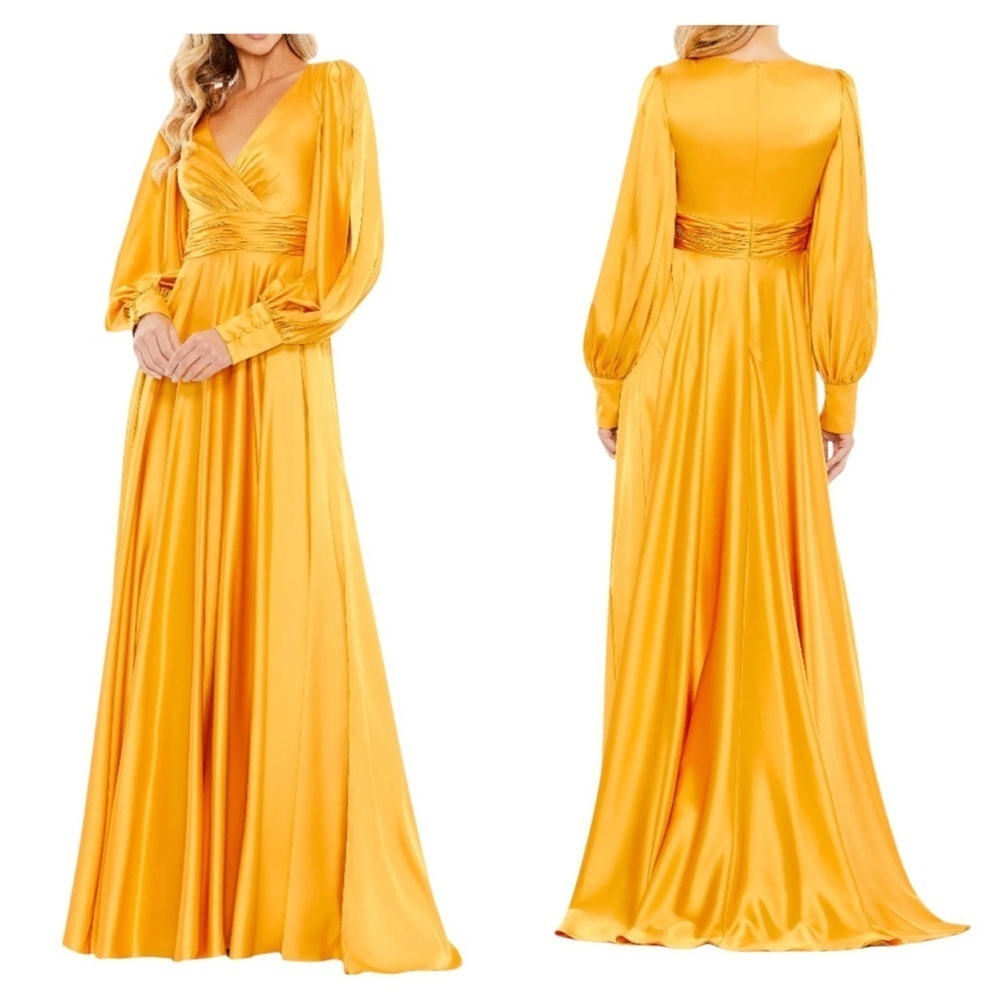 Mac Duggal New 67847 Marigold Split Bishop Sleeve Wrap Flowy Gown Size 10